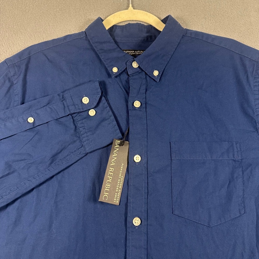 Banana Republic Mens Grant Fit Cotton Stretch Pinpoint Oxford Shirt Navy Blue L